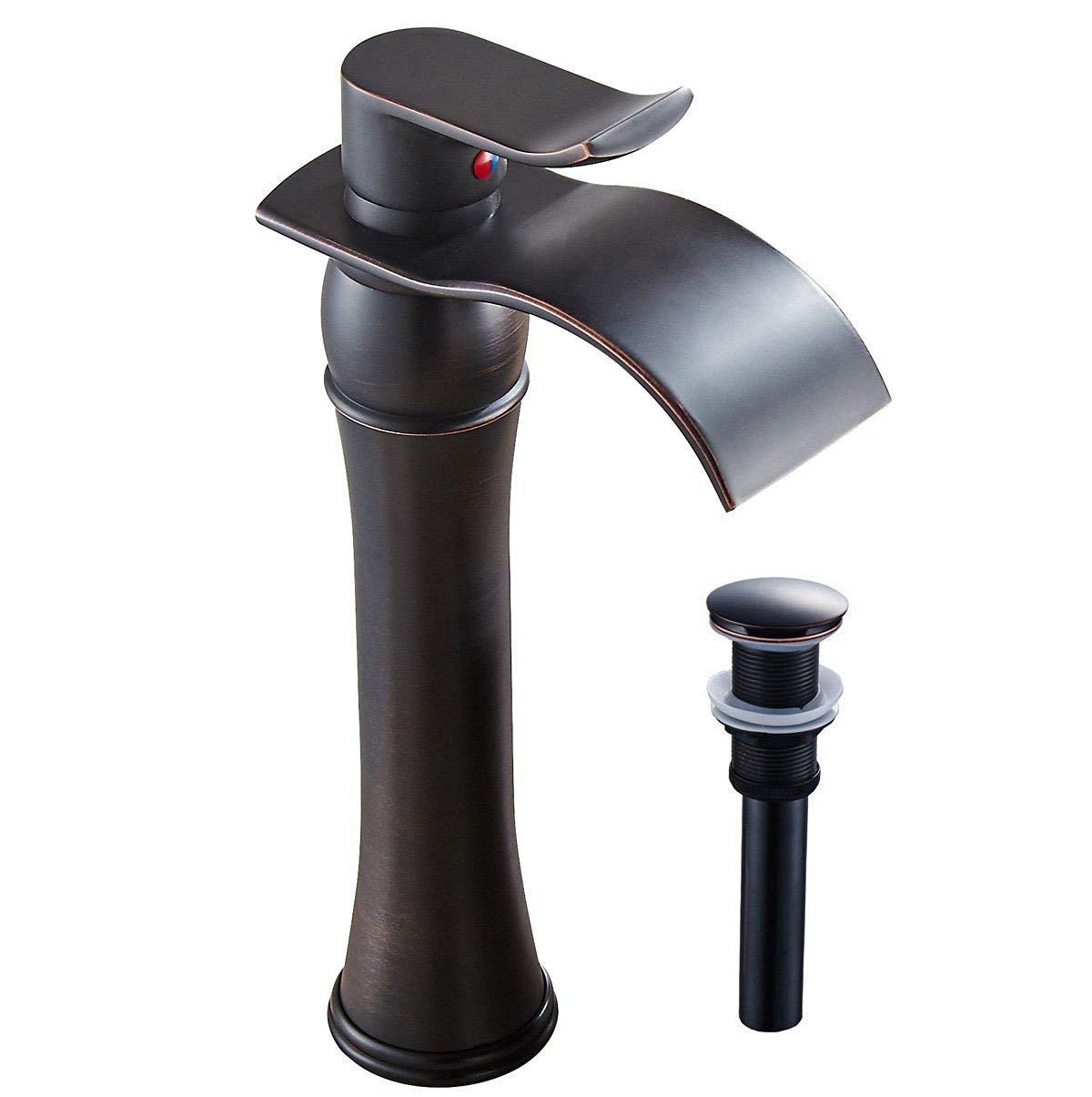 HomevaciousBathroom Vessel Sink Faucet Waterfall Bath Lavatory Faucets Single Handle Oil Rubbed Bronze Black One Hole Tall with Pop Up Drain Assembly Stopper Without Overflow Commercial Lead-Free