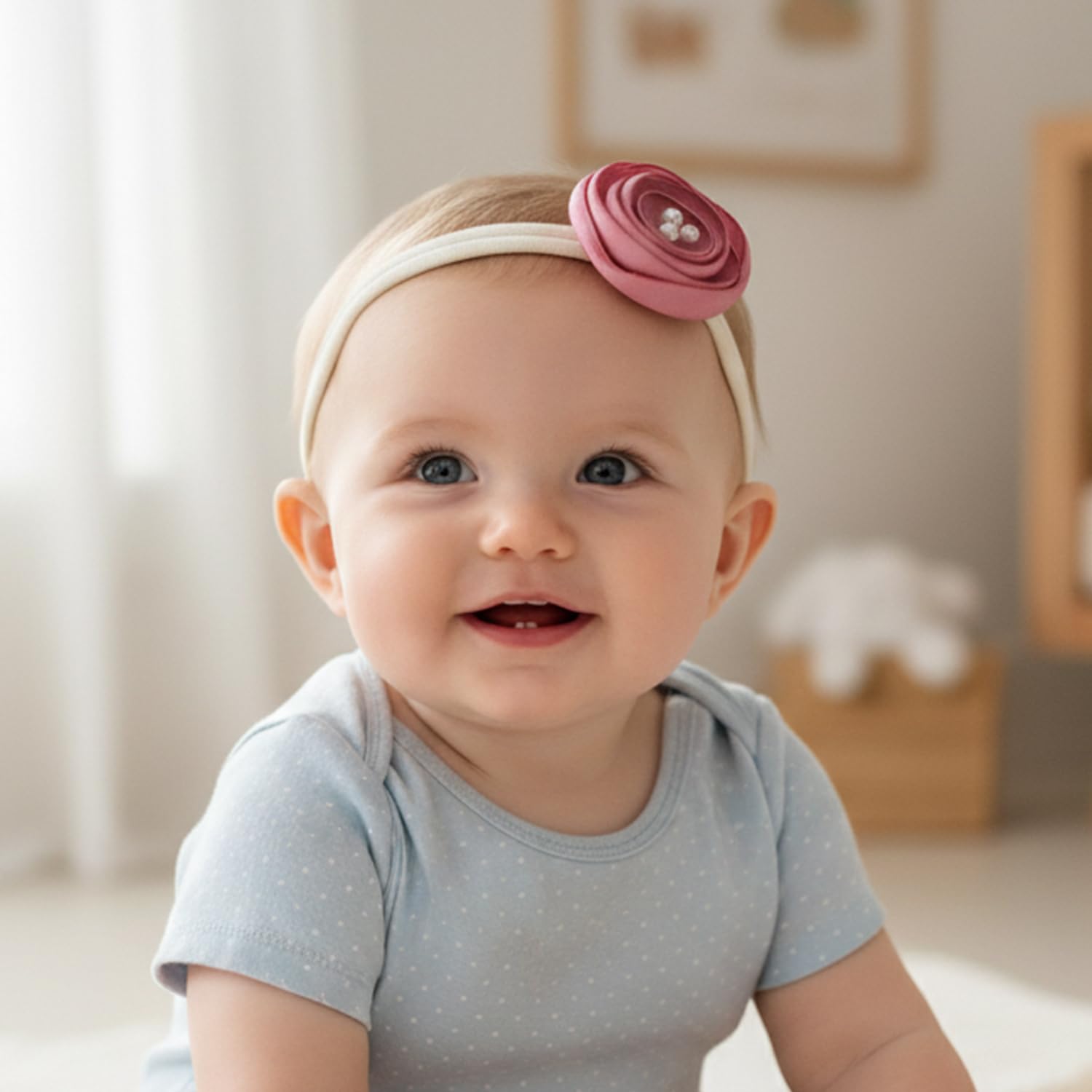 SYGA 3 Pack Baby Girl Headbands – Soft Stretchable Nylon Flower Comfortable Elastic Hairbands for Newborns, Infants & Toddlers 0-3 Years (Off-White) 4