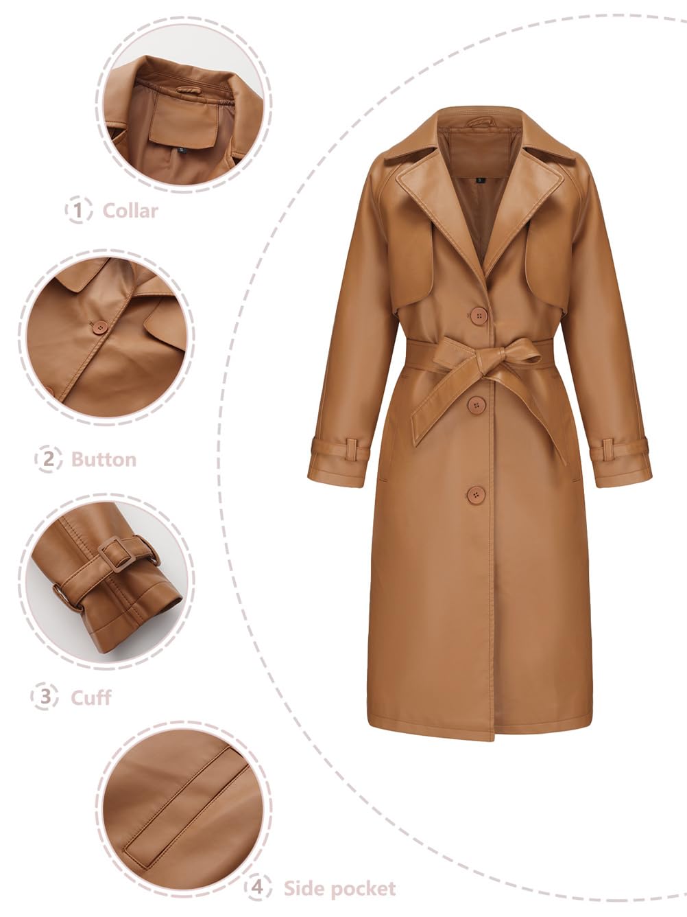 Chaqueta larga de cuero para mujer, chaqueta de piel sintética para mujer, gabardina con solapa y botón de muesca