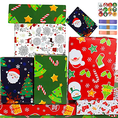 Children Kids Christmas Wrapping Paper Sheets- Christmas Wrapping Paper for Kids Boys Girls Toddlers- 9 Flat Deer Tree Santa Christmas Gift Wrapping Paper Set with Sticker Bow- Fun Christmas Gift Wrap Christmas Rapping Paper- XMAS Wrapping Paper for