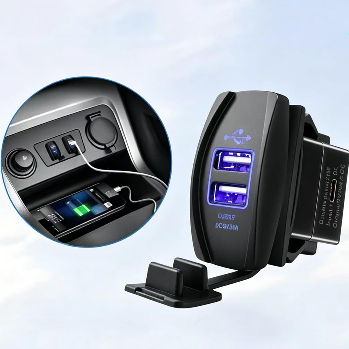 Batum Podwójna ładowarka samochodowa USB 3.1A 12V-24V, gniazdo panelowe z osłoną, niebieskie światło