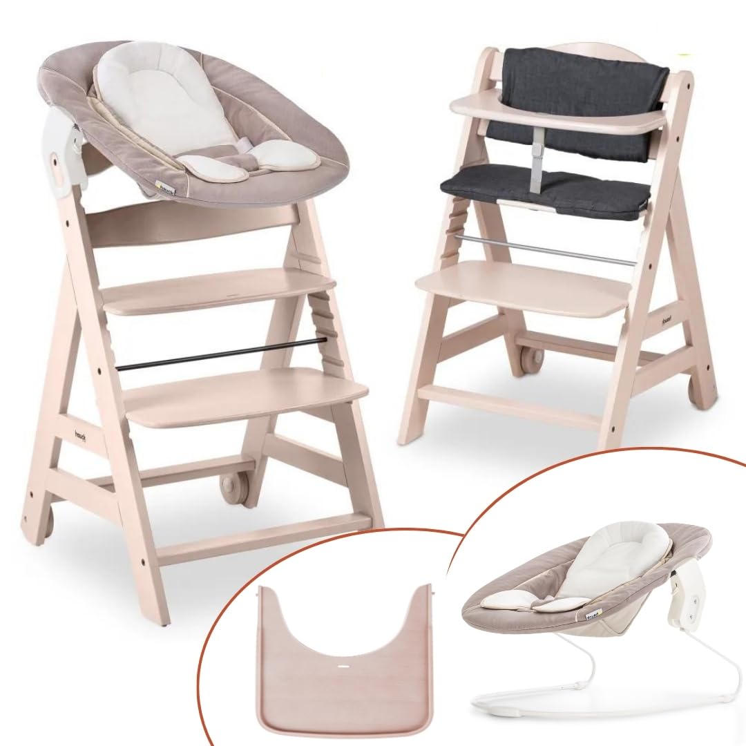 hauck Hochstuhl Beta+ Newborn Set - Babyhochstuhl Set ab Geburt mit 2in1 Neugeborenen Aufsatz Bouncer, Sitzpolster und Essbrett - Whitewashed