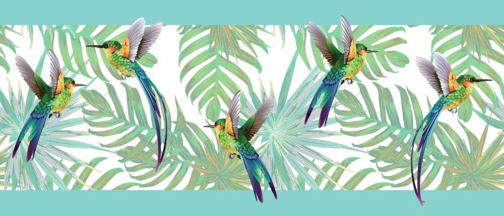 Grace & Gardenia GB20011 Hummingbirds and Tropical Plants Peel and Stick Wallpaper Border 10in Height x 15ft Blue Green Designs
