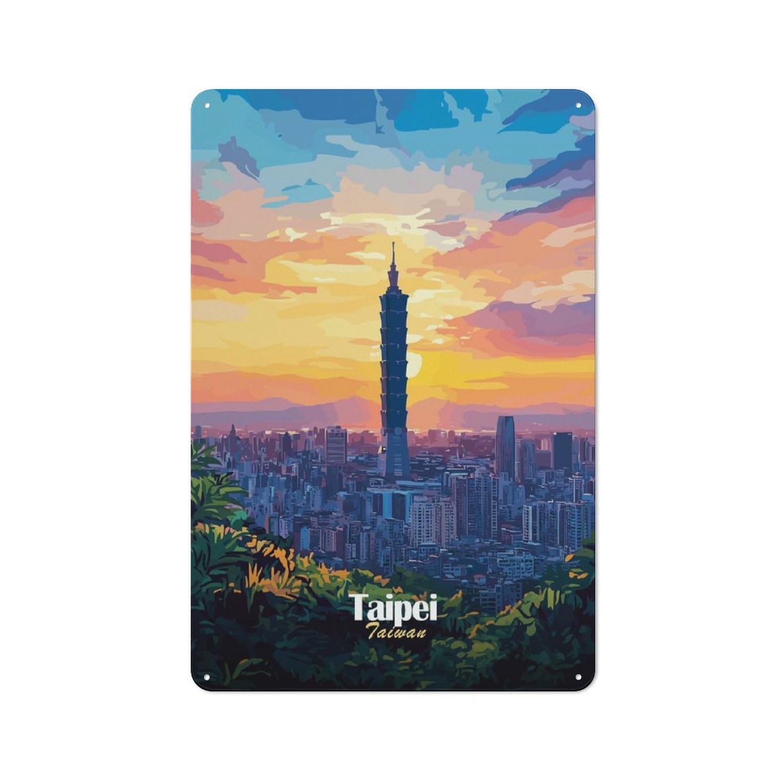 Junmoney Style-13 Garage Style Metal Wall Sign 30X20cm Featuring Taipei Skyline Sunset, Garage Wall Decor For Garage, Hobby Room, Office Or Man Cave