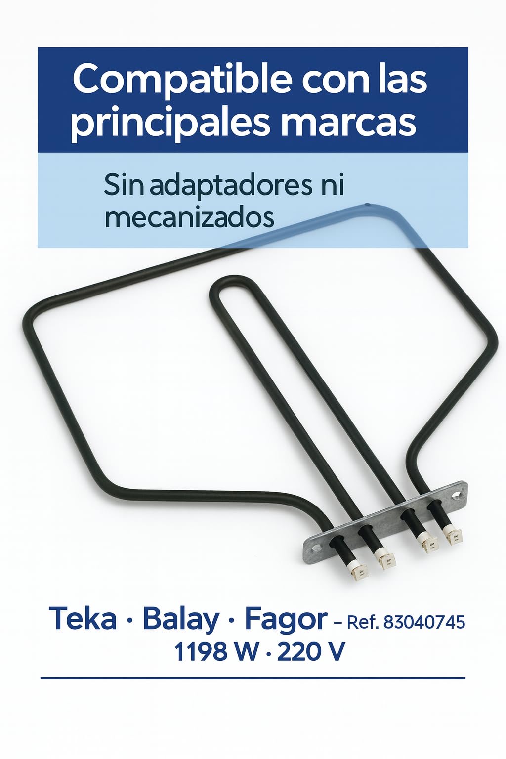 RECAMBIOS DREYMA Resistencia Solera Horno 83040745 Compatible con Teka Balay Fagor 1198W 220V Repuesto Base Calor Inferior Montaje Rapido Placa Fijacion Conectores Faston y Reparar Cocina
