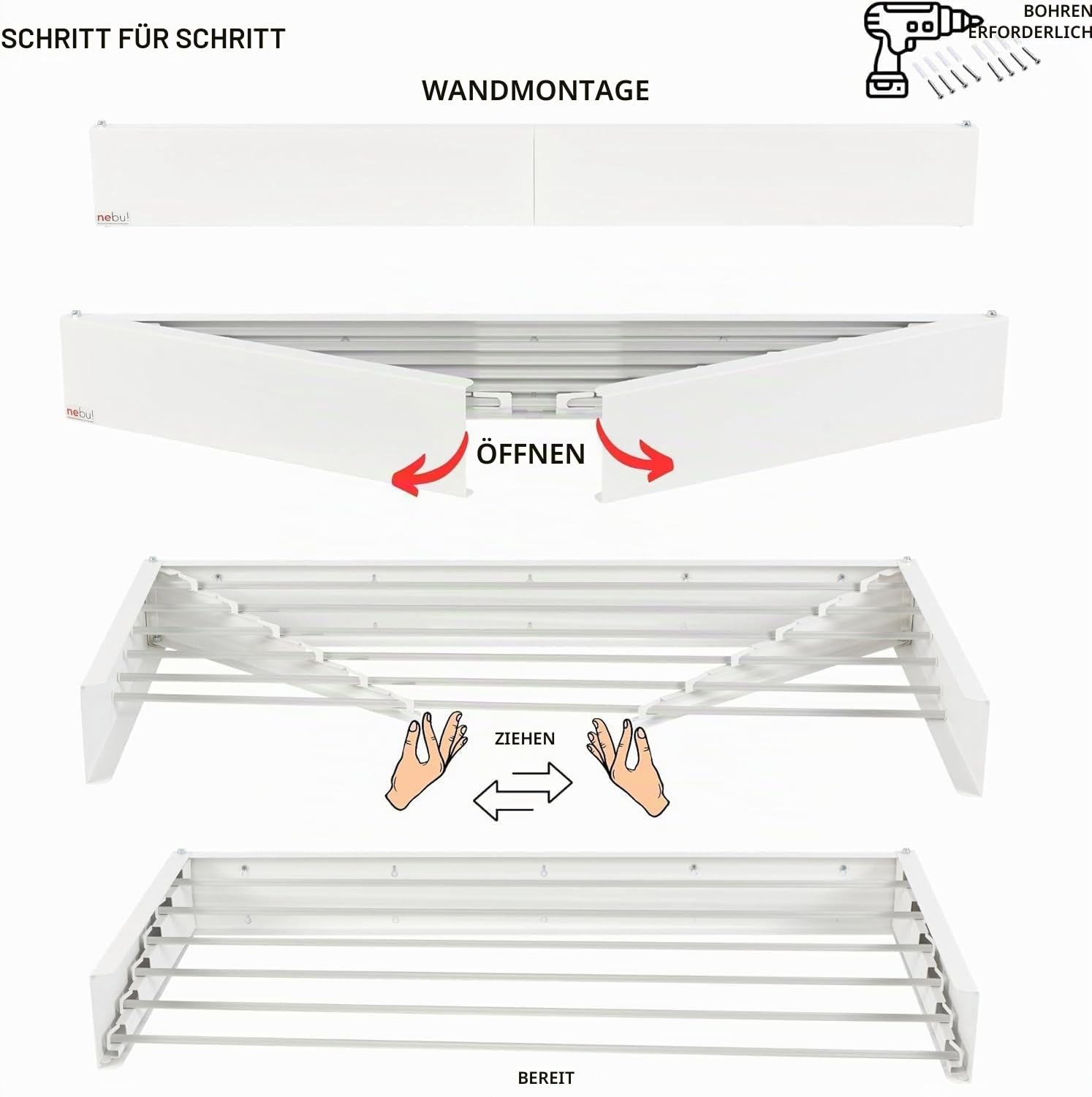 Ausziehbarer Wandtrockner | Platzsparend & Faltbar | Robust, 30 kg Tragkraft | Für Innen- und Außenbereich, Schwarz, 100 cm (Weiß, 80 cm)