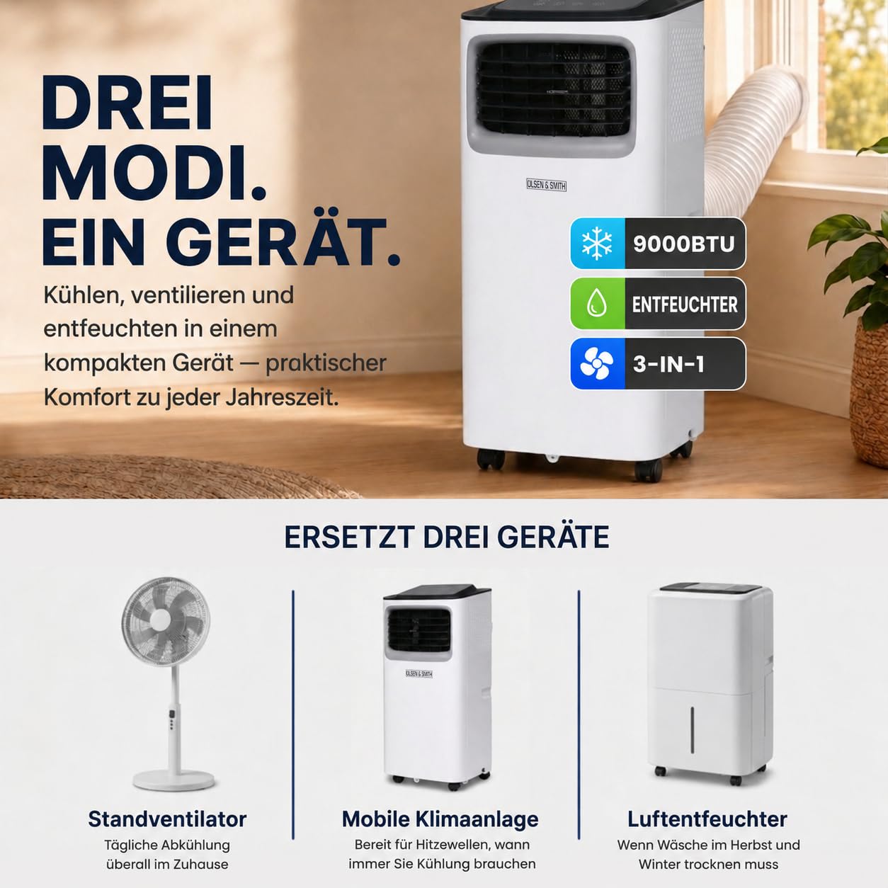 Olsen & Smith 9000 BTU Mobile Klimaanlage & Luftentfeuchter - 3-in-1 Klimagerät mit Abluftschlauch, Schiebefenster-Adapter, 24h-Timer & Fernbedienung - Leise Klimaanlage für Schlafzimmer & Büro, Weiß