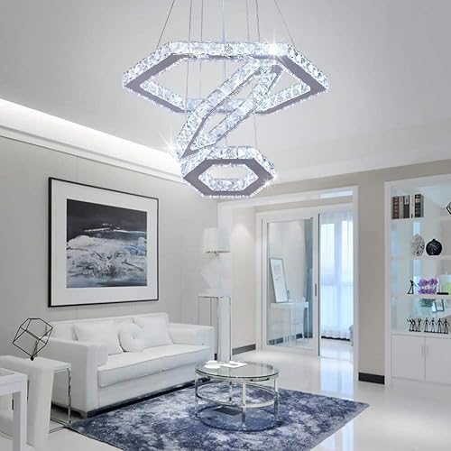 Miniatura 2 de Modern Crystal Chandeliers Big 3 Rings LED Ceiling Light Adjustable Stainless Steel Pendant Light for Bedroom Living Room Dining Room (6500K Cool