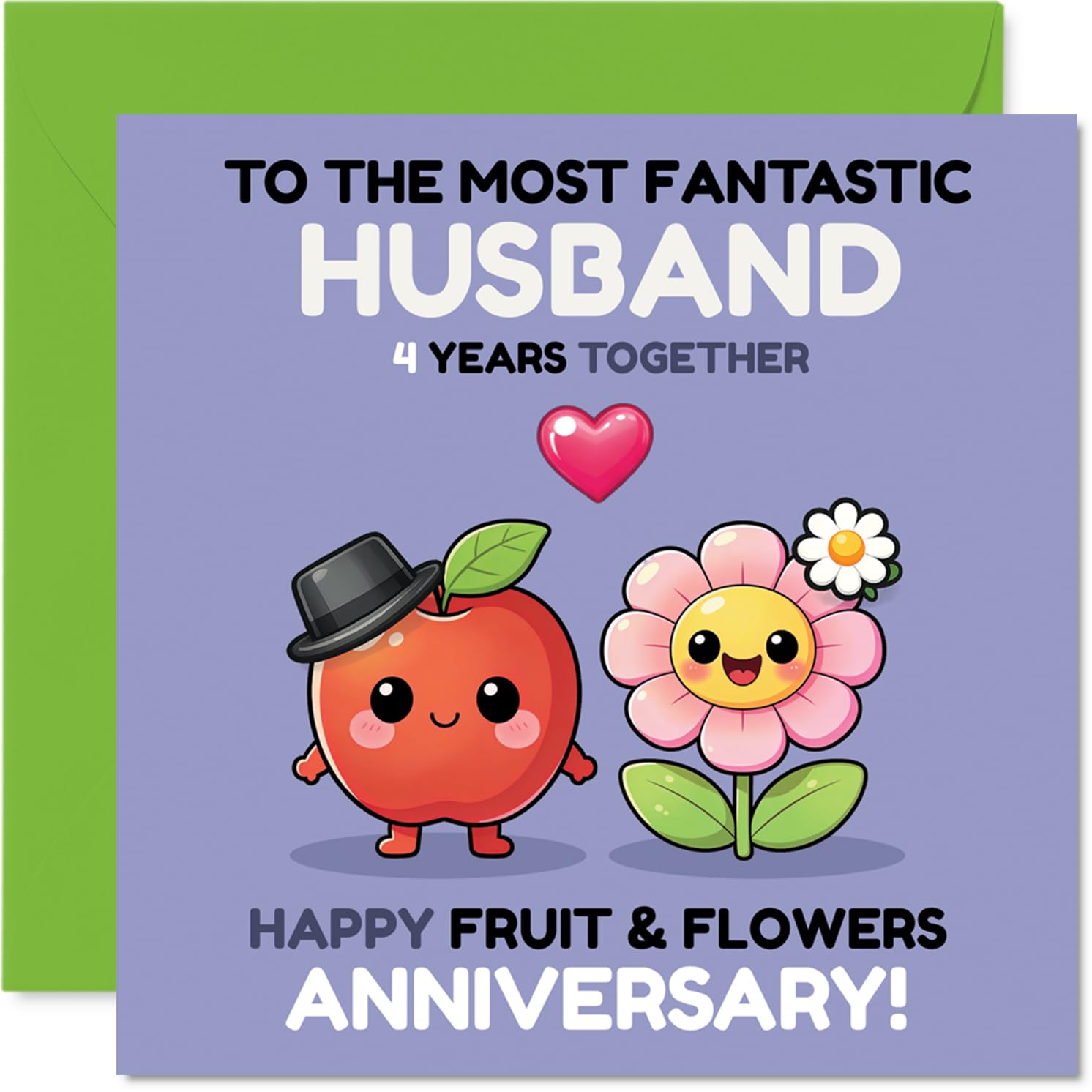 Playful 4th Anniversary Card for Husband - Four Years of Fruity Fun - Cartoon Fruit and Flowers with a Splash of Colour - 145mm Square, Envelope Included