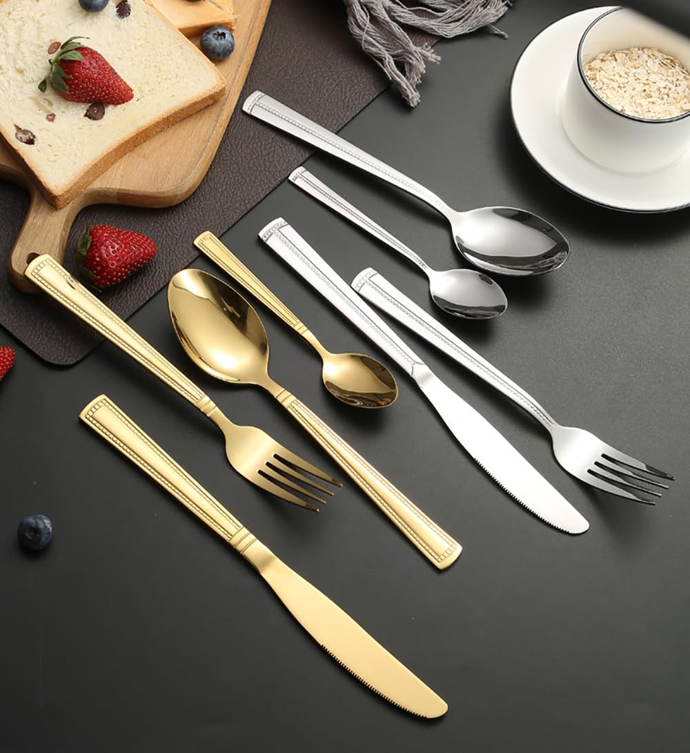 Besteckset, Besteckset aus Edelstahl, gepunktet, gestreift, geometrisch, inklusive Gabel, Löffel, Messer, Steakmesser-Set, hochglanzpoliert, Utensilien, 32-teilig