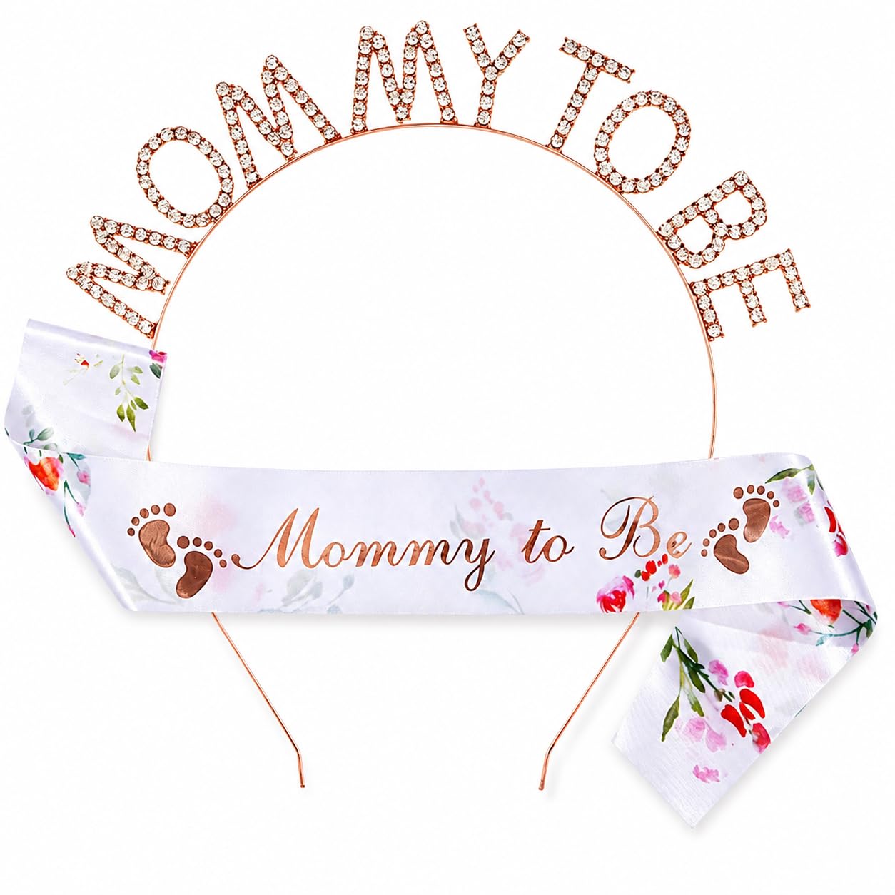 EZOOU Mummy Sash Set – Rose Gold Floral Baby Shower Sash & Rhinestone Tiara for Expecting Mum Party Decoration & Maternity Keepsake Gifts