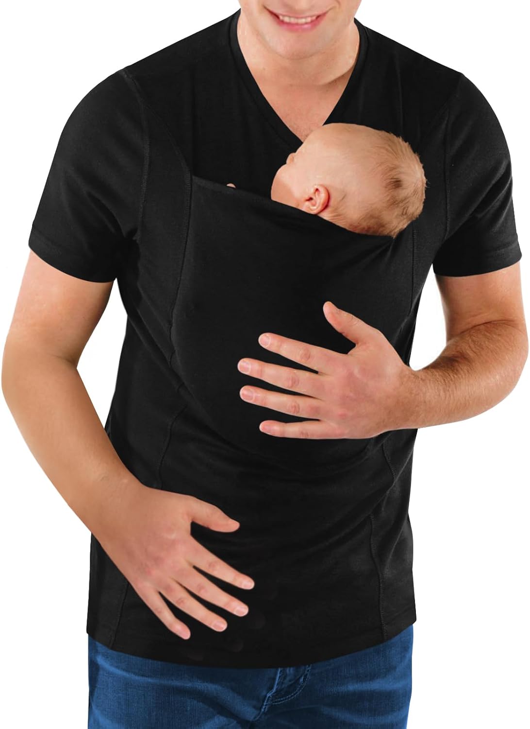 Mens Baby Carrier Shirt V Neck Short Sleeve T-Shirts for Men Skin to Skin T-Shirt with Pocket Large Black