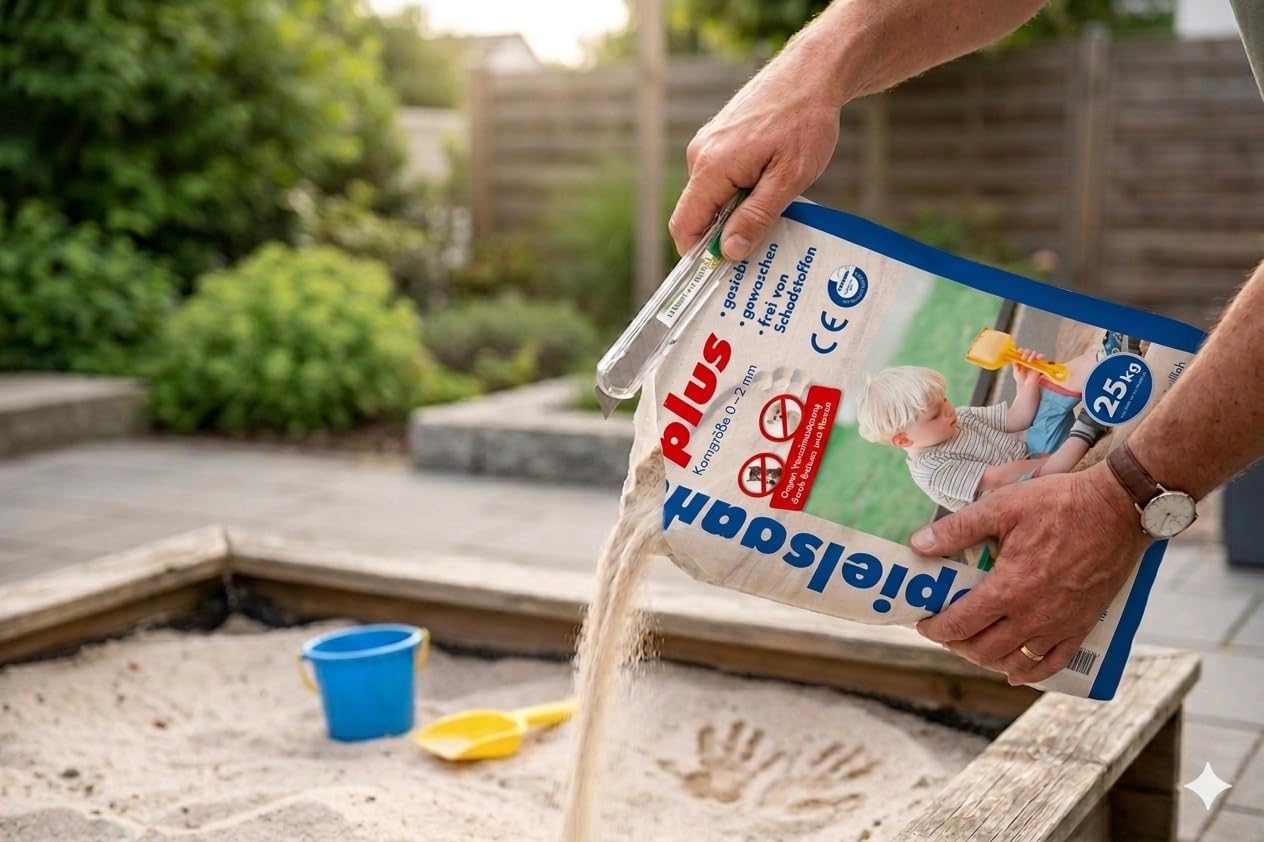 25kg Spielsand Plus inkl. Sacköffner | Schadstofffrei & extra fein (0-2mm) | Premium Sandkastensand | Quarzsand für Sandkasten, Garten & Baustelle | Mit Plus-Formel gegen Tierbesuch