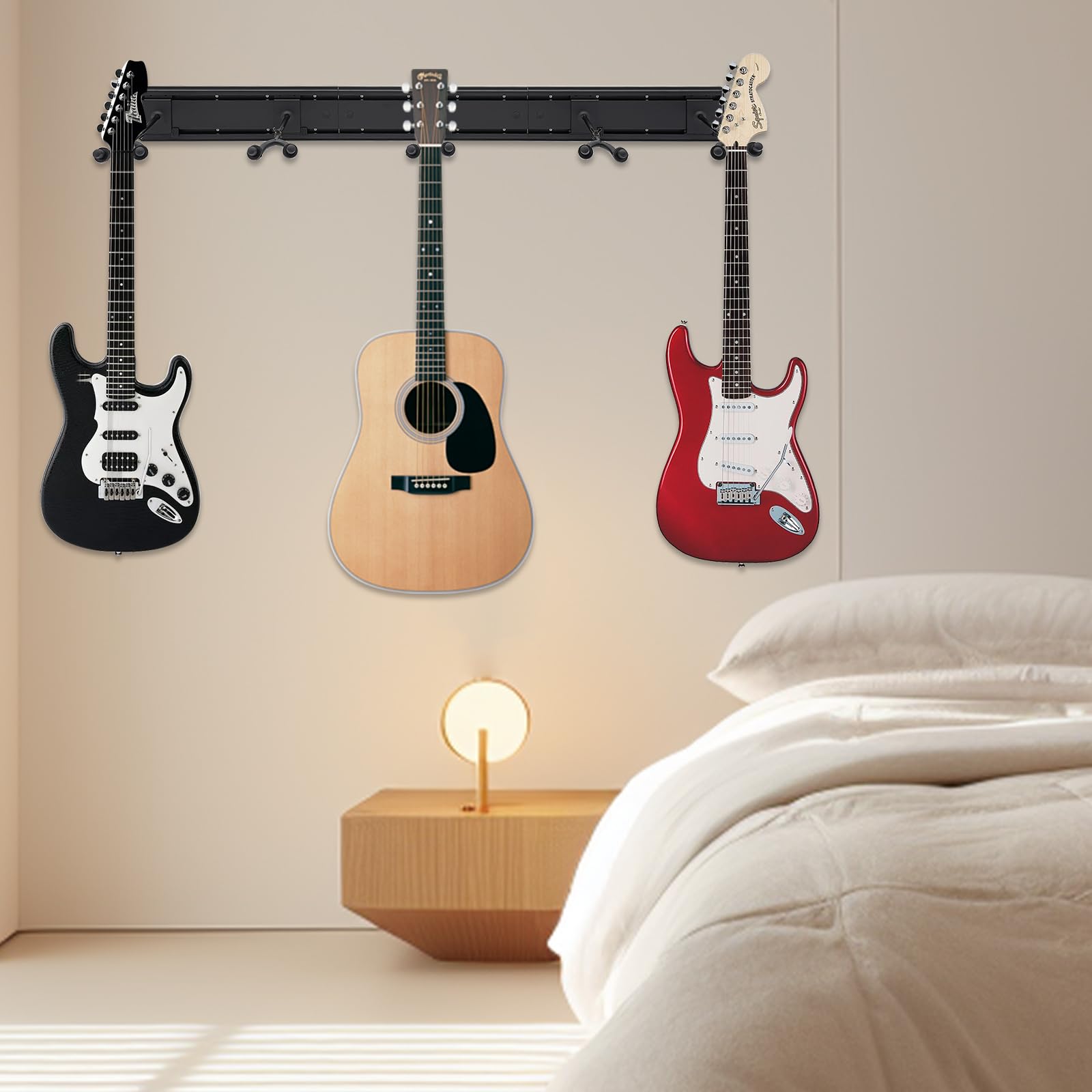 Soporte de pared para guitarra, soporte de pared, soporte para guitarra, 5 ganchos, 130 cm, para salón, estudio, sala de música