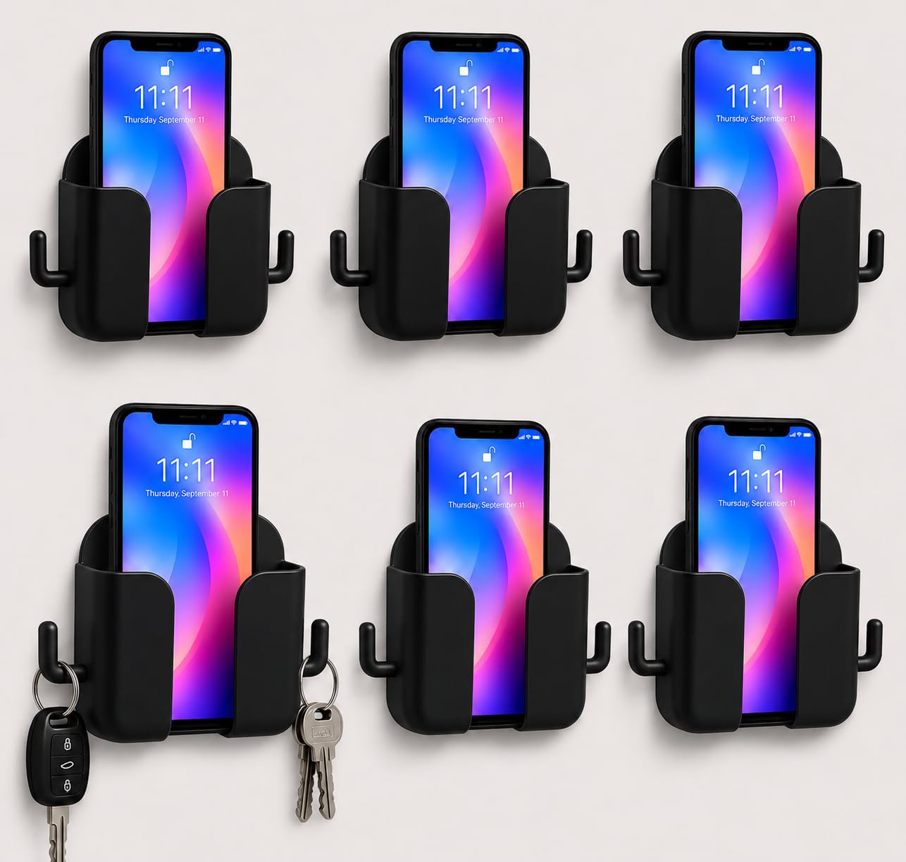 6 Pcs Mobile Stand for Wall | Wall Mounted Phone Holder with Dual Hooks | Self Adhesive Mobile Charging Stand | Wall Phone Holder for Charging, Key, Remote Storage for Office & Home, Black-image-27