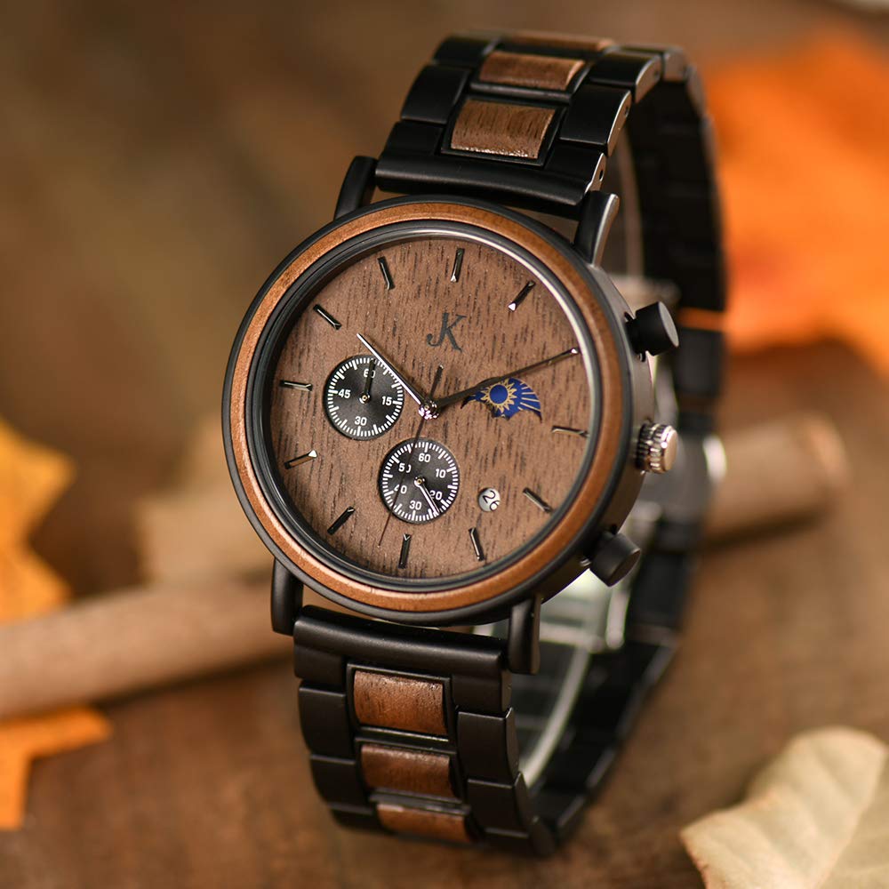 Kim Johanson Orologio da polso da uomo in legno e acciaio inox, Military, marrone scuro, cronografo con display sole e luna, realizzato a mano, orologio analogico al quarzo, con confezione regalo