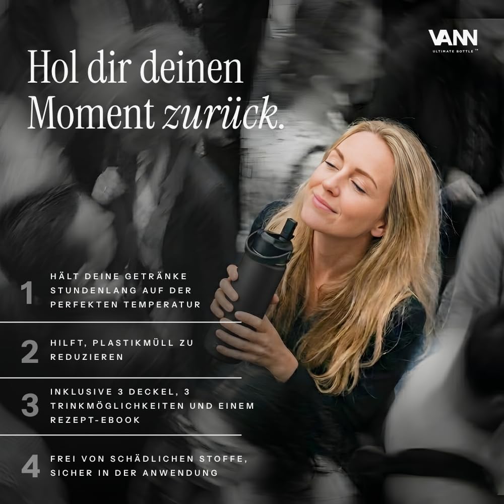 VANN Trinkflasche 2L mit Strohhalm - Thermosflasche isoliert [24h kalt, 12h warm] - Trinkflasche Edelstahl ideal als Wasserflasche [Sport, Fitnessstudio] BPA-Frei inkl. 5 Zubehörteile - Beige