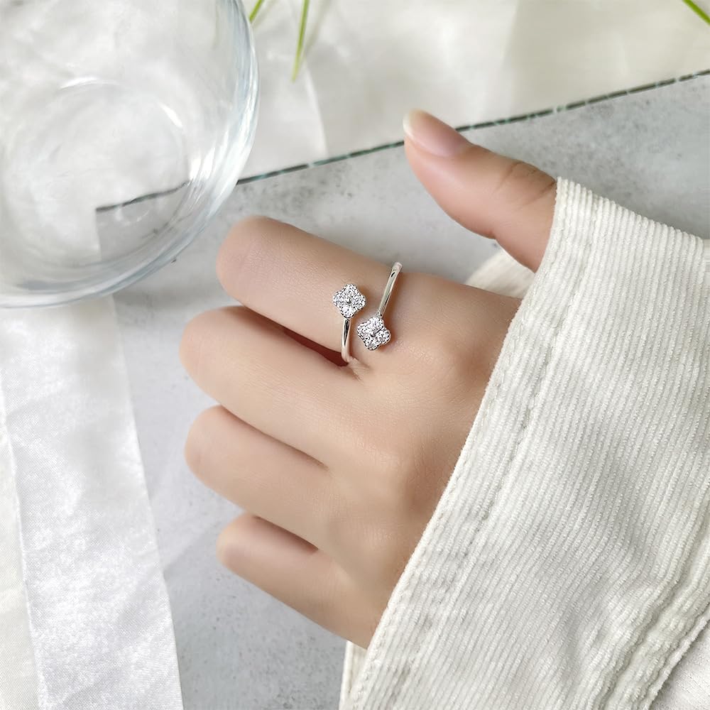 CZ Four Leaf Clover Open Wrap Ring for Women Crystal Good Luck Flower Adjustable Stacking Statement Finger Bands Eternity Promise Rings Dainty Jewelry Gifts Wedding - Image 2