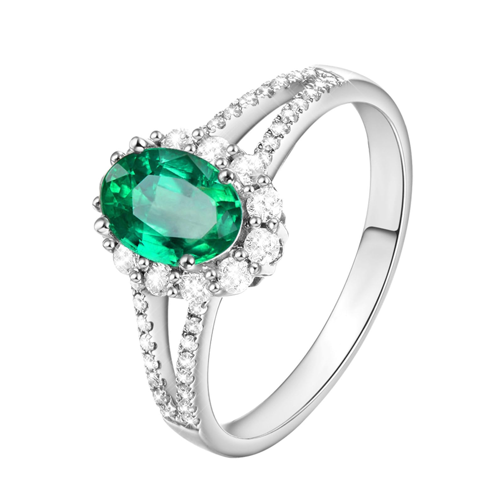 Anillo de compromiso para mujer de platino, anillos de promesa de boda con esmeralda ovalada de 1 ct y moissanita 0,39 quilates, tamaño H 1/2-V 1/2