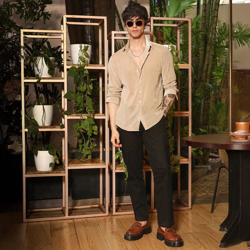 Image of CAHOOT Men's Olive Shirt Casual Wear | Shawl Collar | Long Sleeve | Button Closure | Shirt Crafted with Comfort Fit for Everyday Wear
