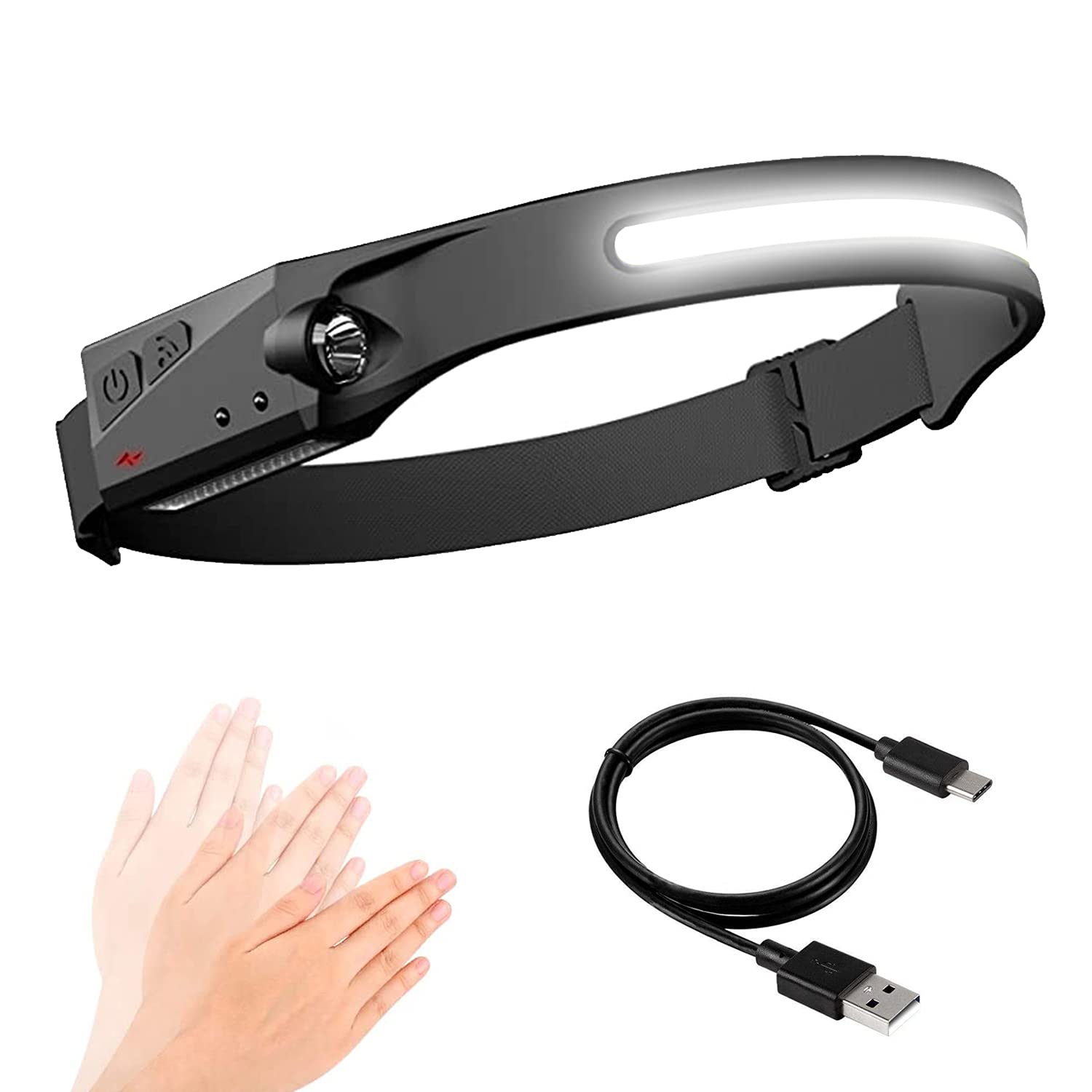 Head Torch, COB LED Head Torches, USB Rechargeable Headlamp Induction with 5 Modes, Super Bright IPX4 Waterproof Camping Lights for Adults, 1200mAh Lightweight Headlights for Running, Fishing