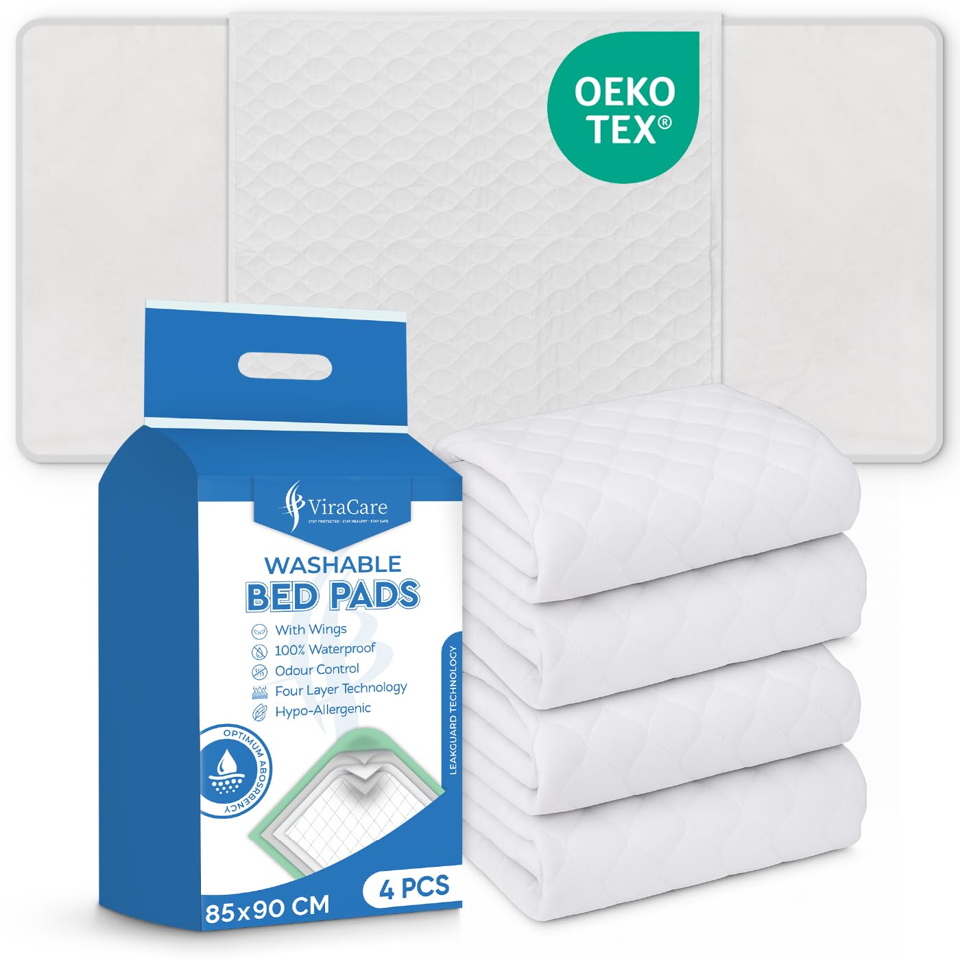 Viracare White 2 X Washable Incontinence Bed Pads With Tucks/Flaps | 85 X 90 Cm | Incontinence Bed Sheets | Suitable For Single Bed | Reusable & | Absorbent Pads | (2)
