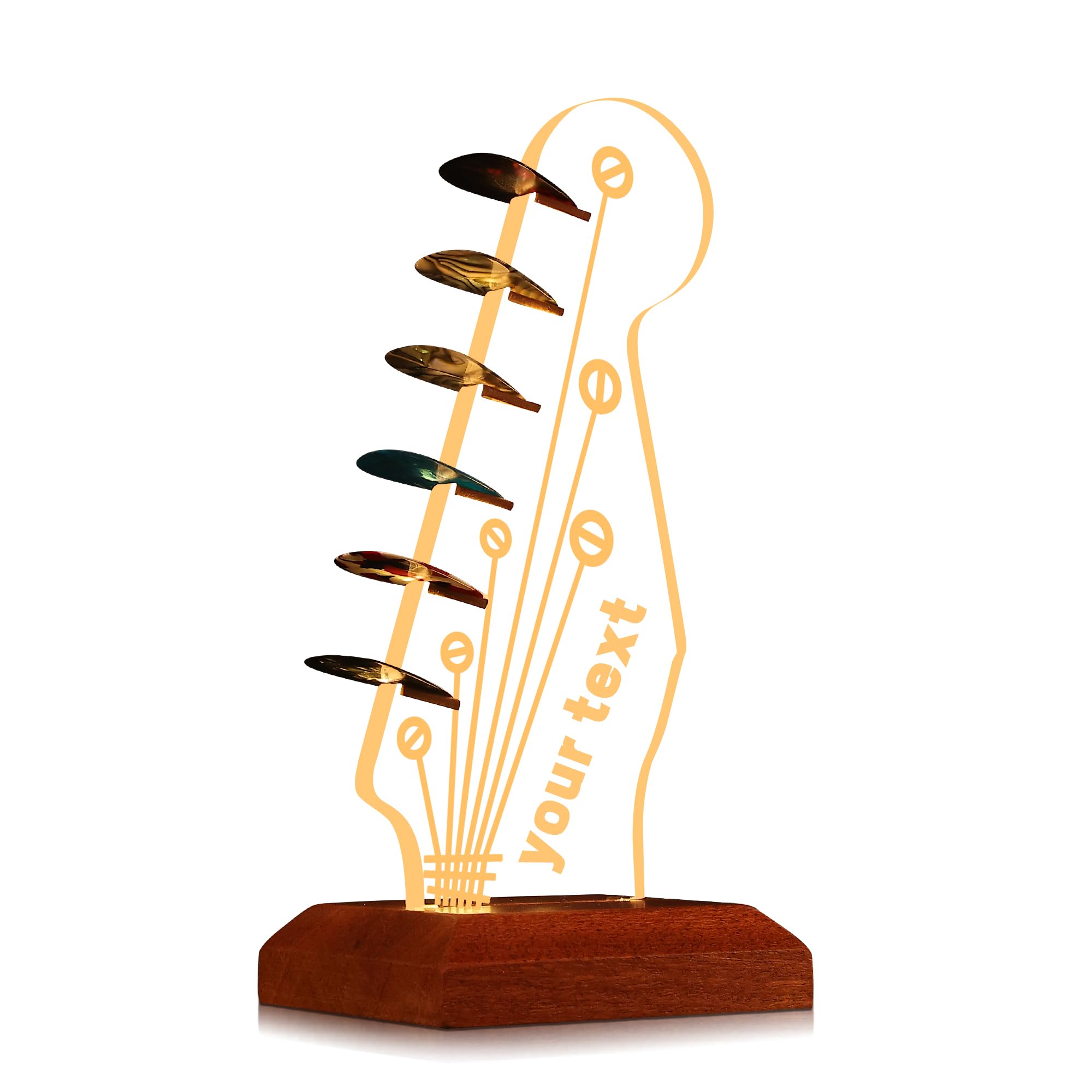 CoolGift Mart Customized Light Up Guitar Pick Holder, Acrylic Electric Guitar Headstock Shaped Pick Holder with Wooden Base for Picks Storage and Display, Gift for Guitar Players Guitarists