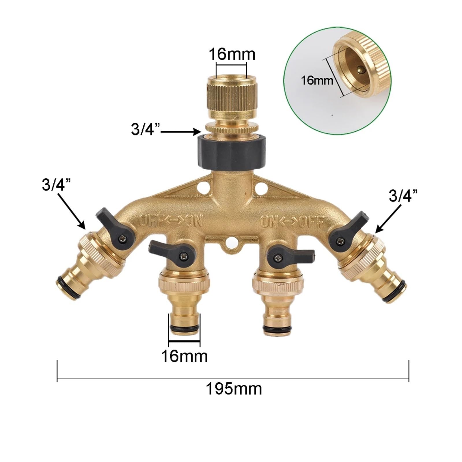 Divisor de Grifo de Agua, Divisor de Manguera de jardín de 4 vías de latón de 3/4 de Pulgada, Dorado(Gold D)
