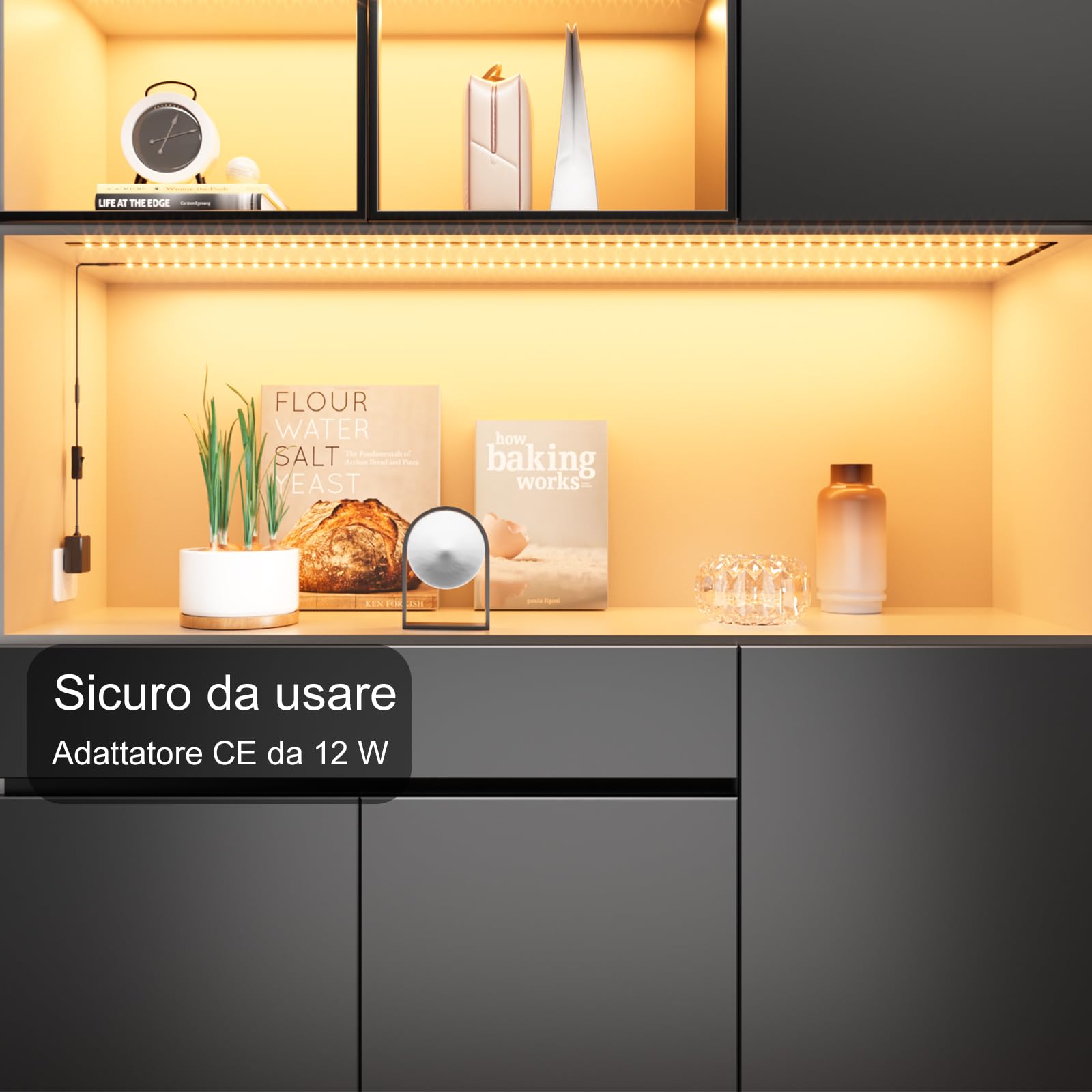 WOBANE Striscia Led Cucina Sottopensile 2 metri, 4X50cm Strisce Led Adesiva per Cucina con Interruttore e Spina, 1200LM Illuminazione Sotto Pensile per Vetrine,Scrivania,TV, Bianco Caldo 2700K, Nero