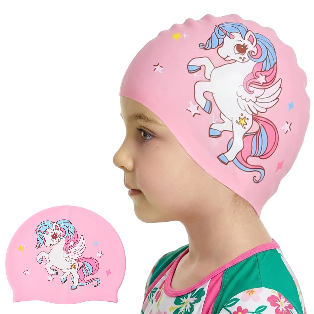 Proberos® Waterproof Silicone Swimming Cap for Kids Age 2-8, Super Elastic Silicone Comfortable Easy fit, Cartoon Lovely Design, Waterproof Swimming Cap Pool Hat for Boys & Girls, Light Pink-image-41