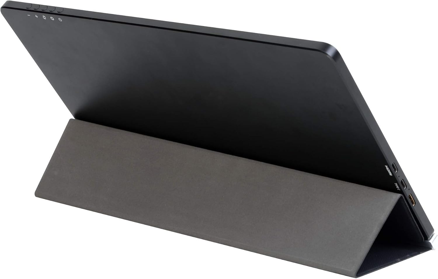 Angled back view of the HKC MR13HFP portable monitor, showing the connectivity ports.