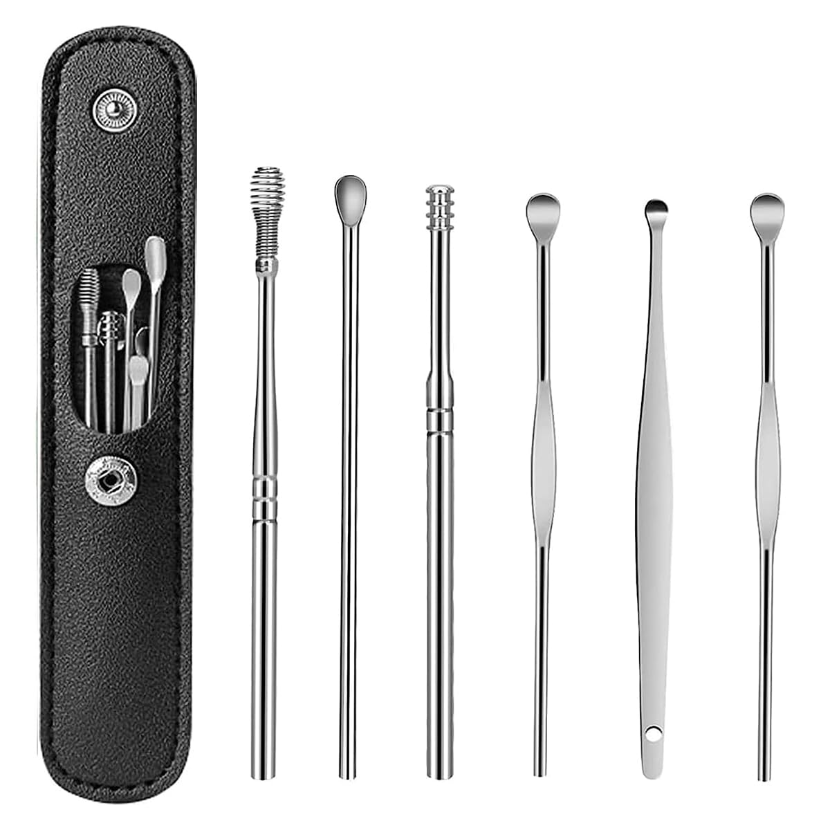 6 In 1 Ear Wax Removal Kit, 6 Pcs Stainless Steel Ear Spoon Ear Wax Cleaner, Reusable Ear Wax Remover Set With Leather Storage Case for Travelling and Home Use Ear Cleaner Tools (Black)