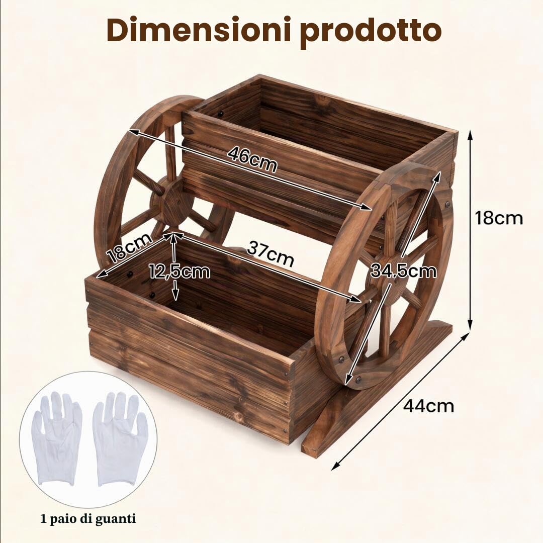 HOMASIS Carriola da Giardino in Legno, Fioriera con Ruote e Vaso da Fiori, Orto Rialzato da Giardino con Fori di Drenaggio e Guanti, Carrello Decorazione da Balcone (Marrone, 46 x 44 x 35 cm)