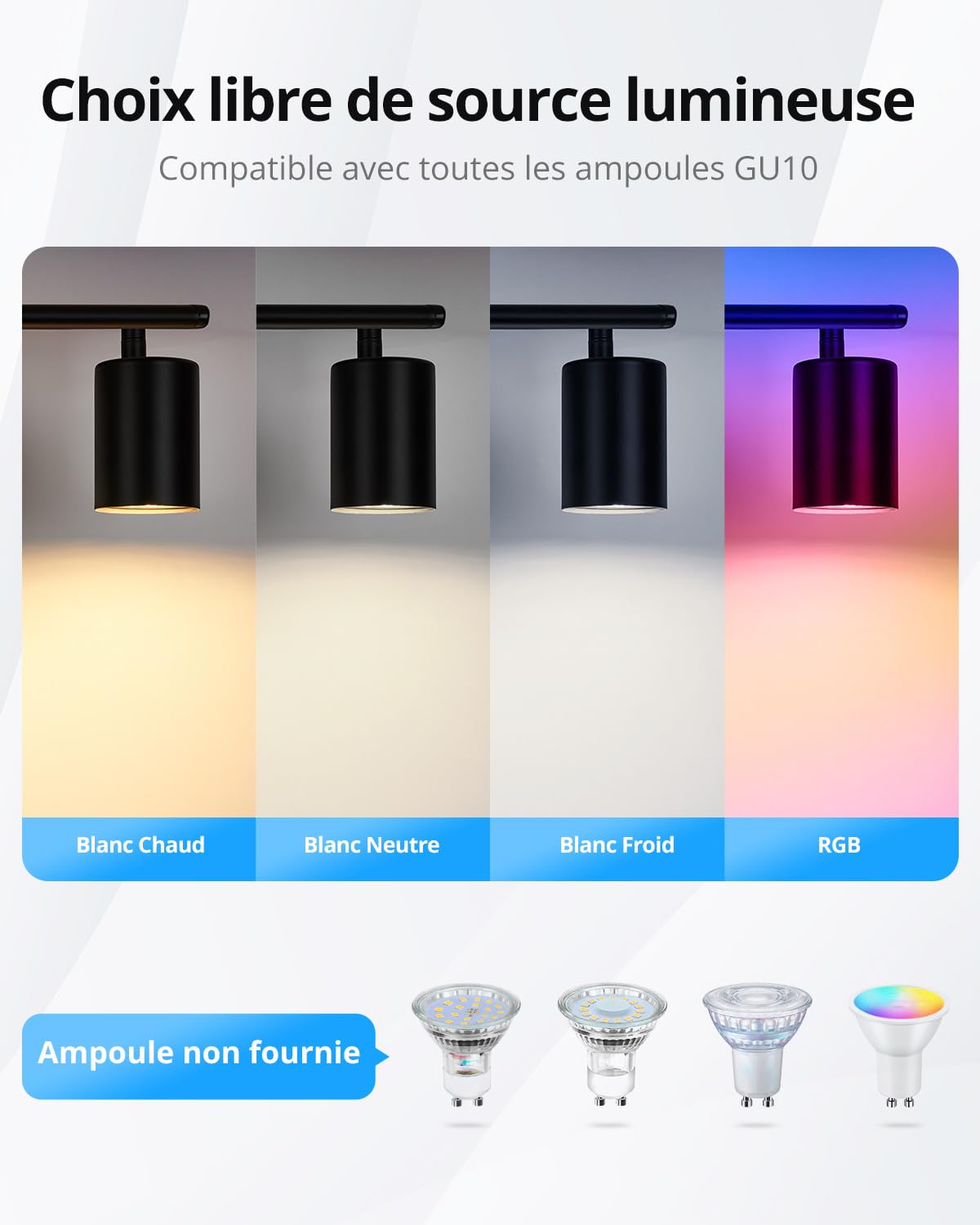 Gr4tec Plafonnier 4 Spots Orientable GU10 Noir, Luminaire Plafond LED Mural, Barre de Spot pour Cuisine