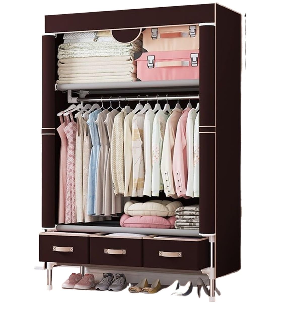 Wardrobe Closet Schrank Tragbarer Kleiderschrank-Aufbewahrungsorganisator, Hängeregal Aus Metall Mit Vliesstoff Closet Aufbewahrungsschrank(Brown,112x45x170cm)