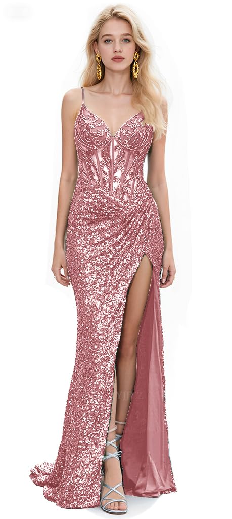 Spaghetti Strap Sequin Prom Dresses with Slit 2025 Sparkly Lace Appliques Mermaid Formal Evening Gown for Women