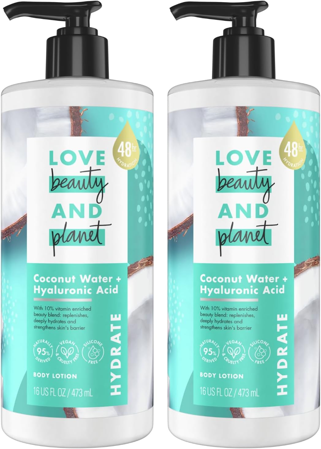 Love Beauty And Planet Lotion - Moisturizing Coconut Lotion with Hyaluronic Acid, Natural Body Lotion for Women, Dry Skin Lotion Scented with Mimosa Flower Extract, 16 Fl Oz (Pack of 2)