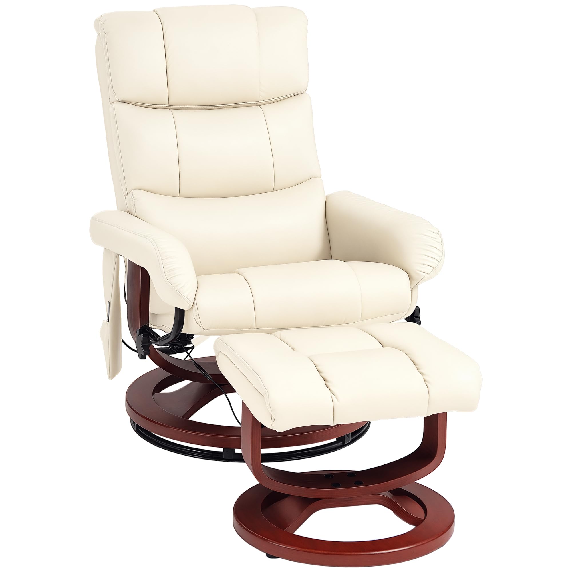 HOMCOM Massage Recliner Chair with Ottoman, Swivel Recliner and Footrest, Faux Leather Reclining Chair with Remote Control, 10 Vibration Point and Side Pocket, Cream White