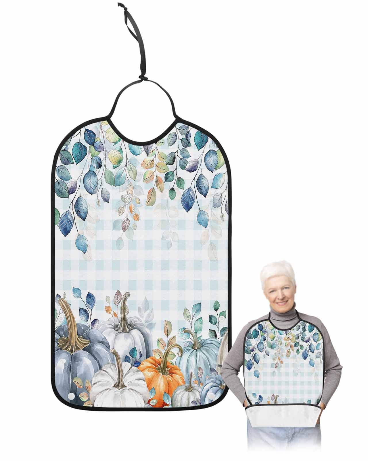 LEOKOTI Blue Plaid Pumpkins Fall Adult Bibs for Eating, Waterproof Bibs with Food Catcher & Adjustable Snap Closure, Thanksgiving Maple Leaf Vintage Washable Clothing Protectors Adult Bibs for Elderly
