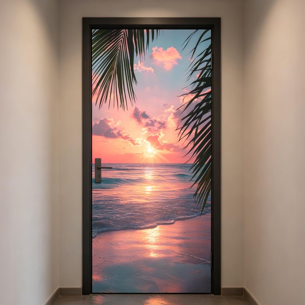 2 Blatt Farbverlauf Strand Türtapete Selbstklebend, 41.5x200cm Selbstklebende Abnehmbare Kühlschranktür Wandbilder Mit Sonnenuntergangsstrandmotiv 3D Für Dekoration von Küche Bar