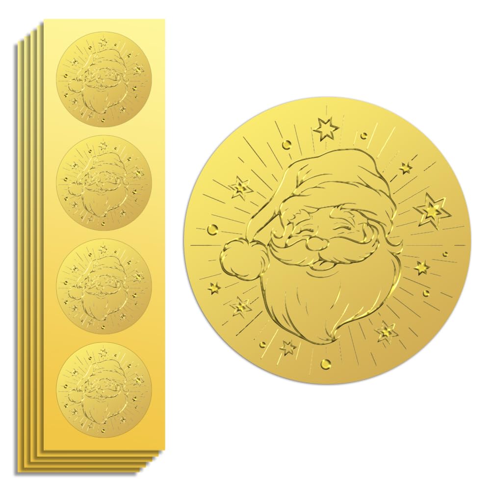 peacoblue100Pcs Gold Foil Stickers Seals Embossed 2 Inch Santa Claus for Present Card Decor, Envelop Seals, Family Party Invitation, Self Adhesive Gold Around Embossing Stickers
