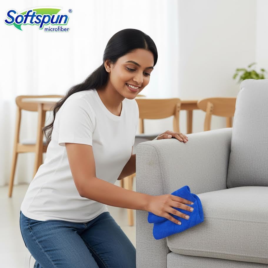 Image of SOFTSPUN Microfiber Cleaning Cloths, 5pcs 40x40cms 340GSM Blue! Highly Absorbent, Lint and Streak Free, Multi -Purpose Wash Cloth for Kitchen, Car, Window, Stainless Steel, Silverware.