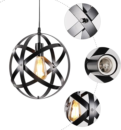 Miniatura 3 de Lámpara de araña de granja, lámpara colgante industrial con pantalla de globo, iluminación negra para comedor, isla de cocina, pasillo comedor, isla