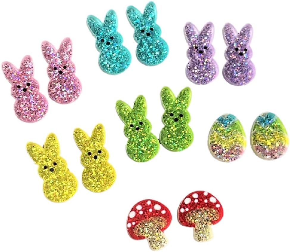 Happy Easter Earrings Set Shinning Rabbit Acrylic Drop Dangle Earrings Set Cute Easter Eggs Bunny Mushroom Resin Stud Earrings Flower Animals Earrings Holiday Party Jewelry Gifts