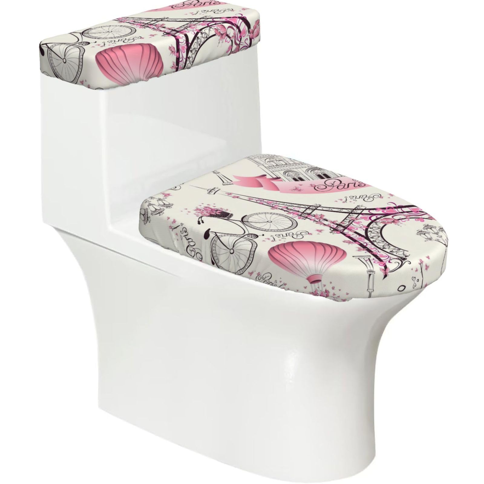 The Paris Tower and a Bicycle Printed Toilet Tank and Lid Cover Set of 2 for Most Bathrooms, Fits Elongated Round Toilets