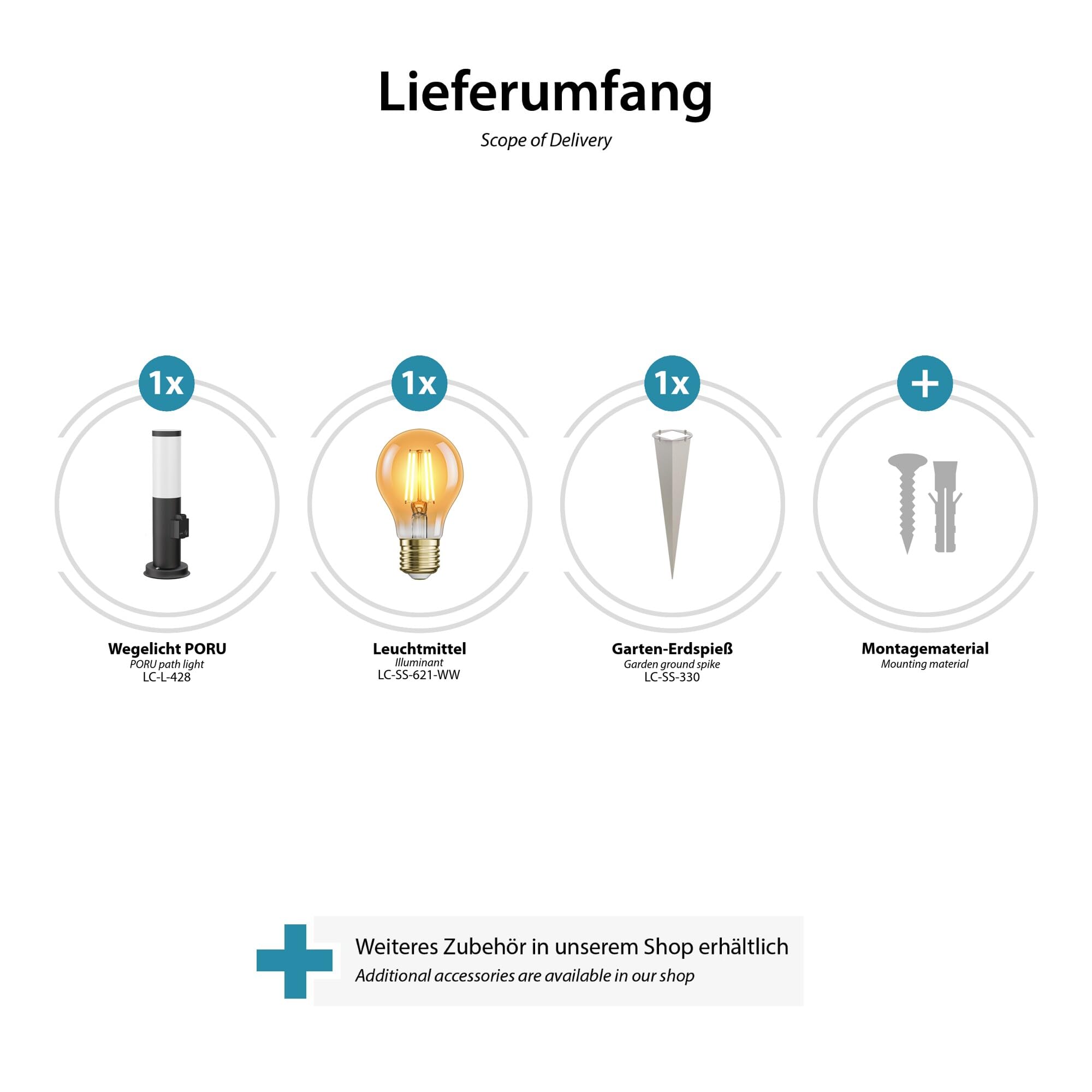 ledscom.de 2 lampadaires PORU avec capteur et piquet d'ancrage pour l'extérieur, 38 cm, noir, prise, avec ampoule E27 de 471 lm, blanc très chaud