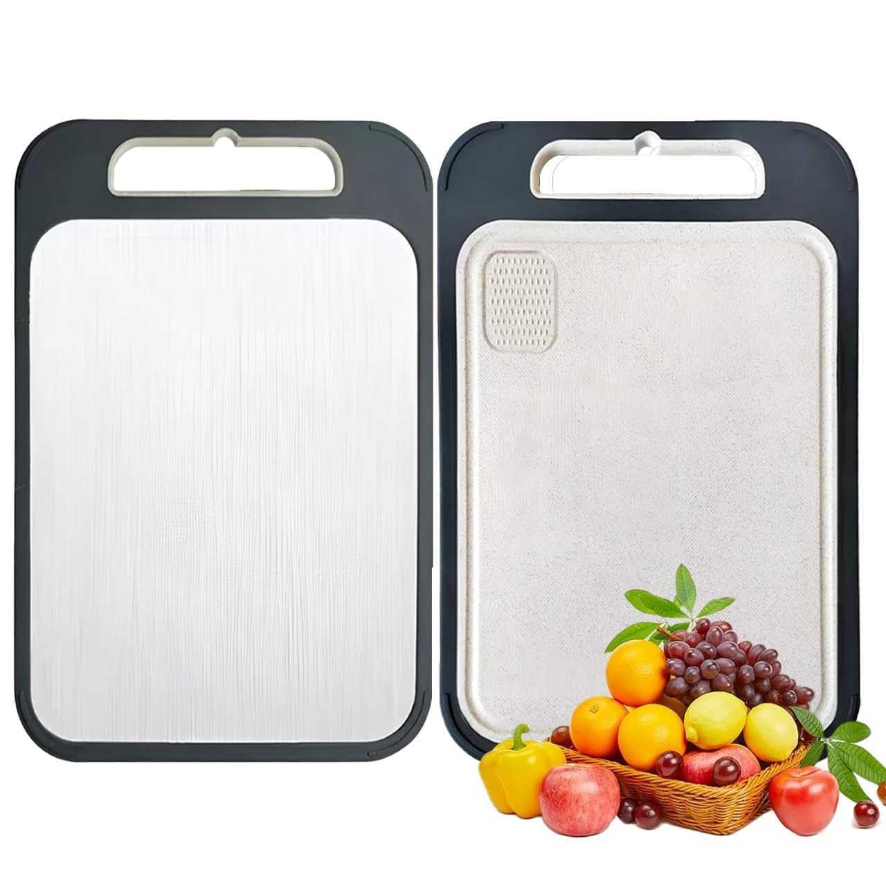 Juego de 2 tablas de cortar de doble cara, tabla de cortar de acero inoxidable con bordes antideslizantes, tabla de cortar de paja de trigo para carne y verduras, incluye zona de molienda de ajo, 13.6