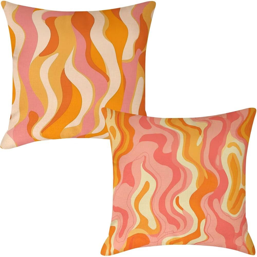 Federe Cuscini da Esterno Impermeabili 65x65 Rosa e Arancione Copri Cuscini per Divano Astratto Federa Cuscino Righe Decorativi Copricuscini per Divano Giardino Patio Soggiorno Set di 2 (IU373)