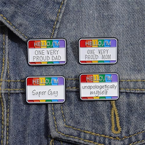 Image of Rainbow Words Brooch Hello I'm Super Gay I'm One Very Proud Mom Dad Enamel Pin 4PCs Colorful Positive Saying Letters Badge Button Hello I'm Unapologetically Myself Mental Brooch LGBT Pride Pin for Bag