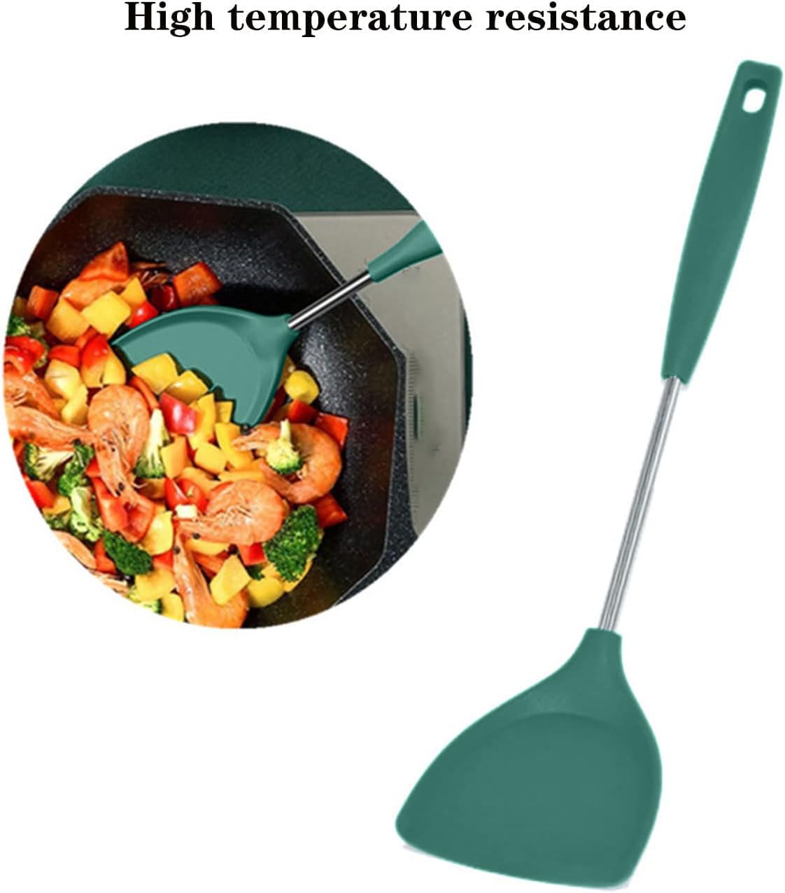 FS COOL Karchi for Cooking - Silicone Spaghetti Fork - Non Stick Rice Spoon - Skimmer Slotted Spoon - Spatula Stand - Soup Ladle - Slotted Spoon - Pasta Server - Scooper Spatula (Set of 5, Green) 1